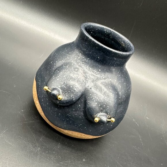 Pottery Boobie Vase Adults Only Black Pierced Nips Artisan Signed Clay X Chris
